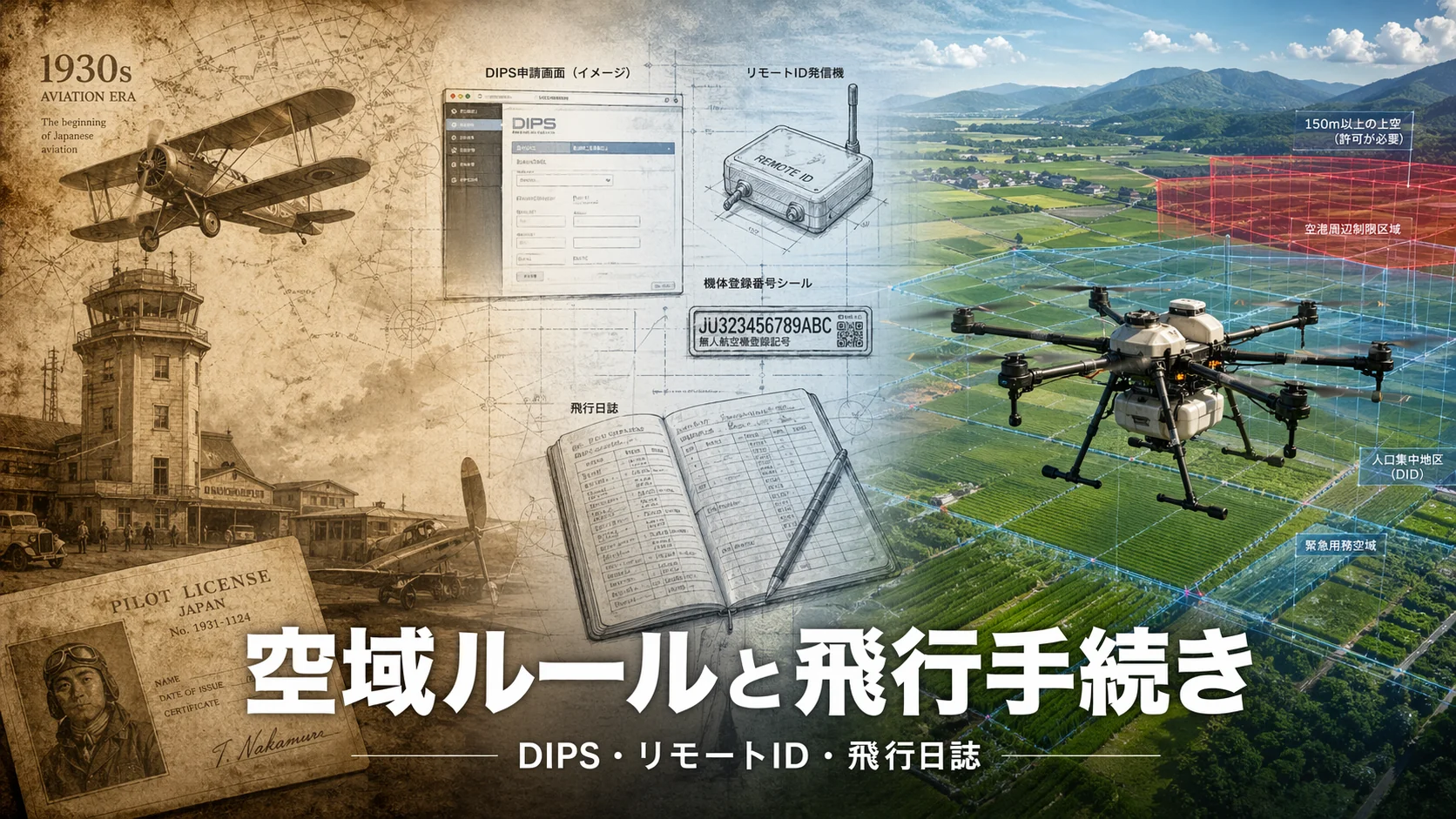 記事「農薬散布ドローンの空域ルールと飛行手続き - 機体登録・リモートID・DIPS・飛行日誌まで」のサムネイル